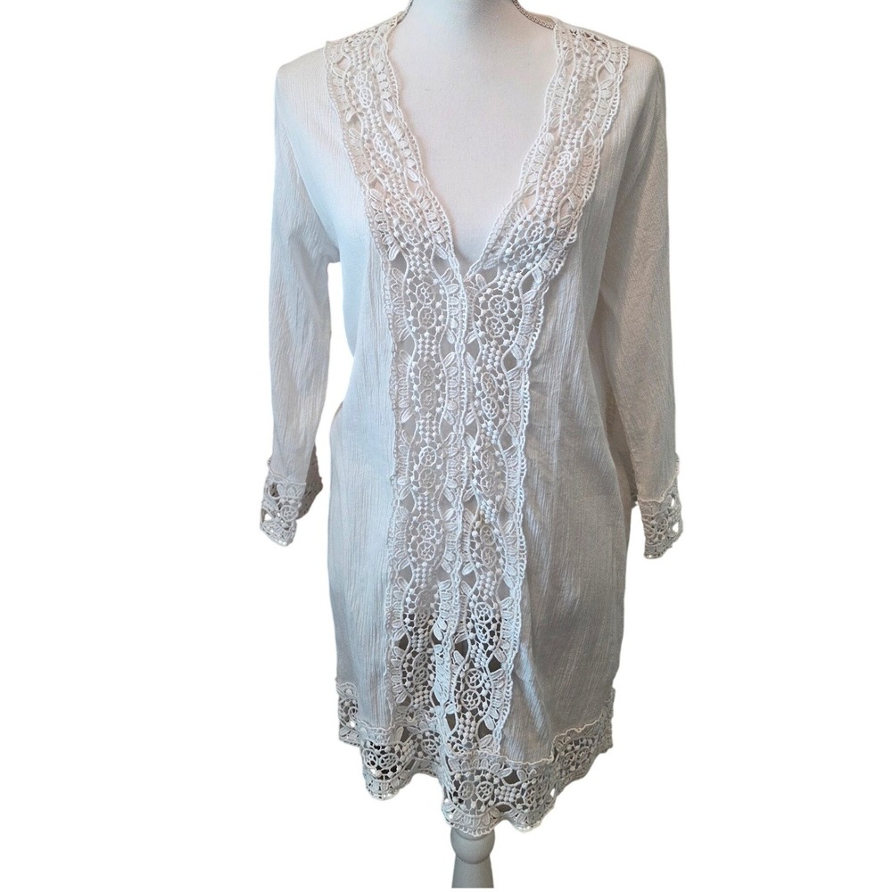 La Blanca Womens White Crochet Lace Trim V-Neck Swim Cover Up Dress Size Small